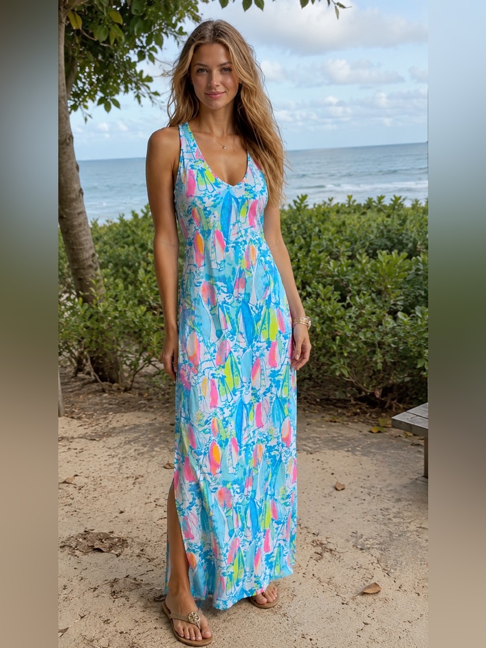 Lilly Pulitzer Kerri Maxi Dress M Beach and Bae Sailboat Print